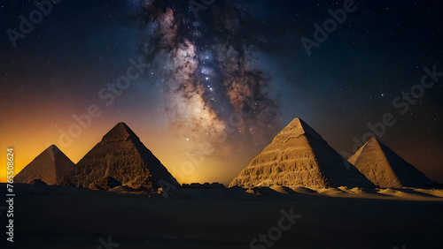 Pyramids of Giza under a cosmic canopy Photo real for Legal reviewing theme ,Full depth of field, clean bright tone, high quality ,include copy space, No noise, creative idea