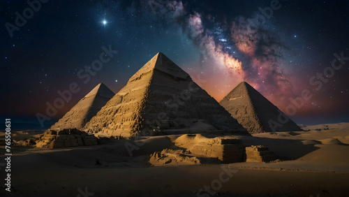 Pyramids of Giza under a cosmic canopy Photo real for Legal reviewing theme  Full depth of field  clean bright tone  high quality  include copy space  No noise  creative idea