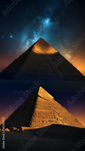 Pyramids of Giza under a cosmic canopy Photo real for Legal reviewing theme  Full depth of field  clean bright tone  high quality  include copy space  No noise  creative idea