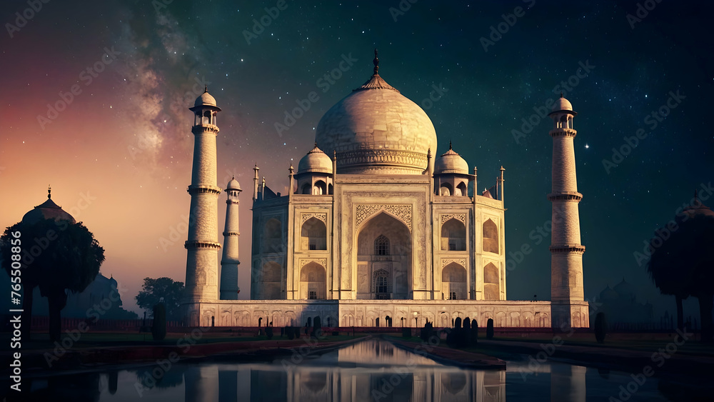 Taj Mahal in a dreamy nocturnal haze Photo real for Legal reviewing theme ,Full depth of field, clean bright tone, high quality ,include copy space, No noise, creative idea