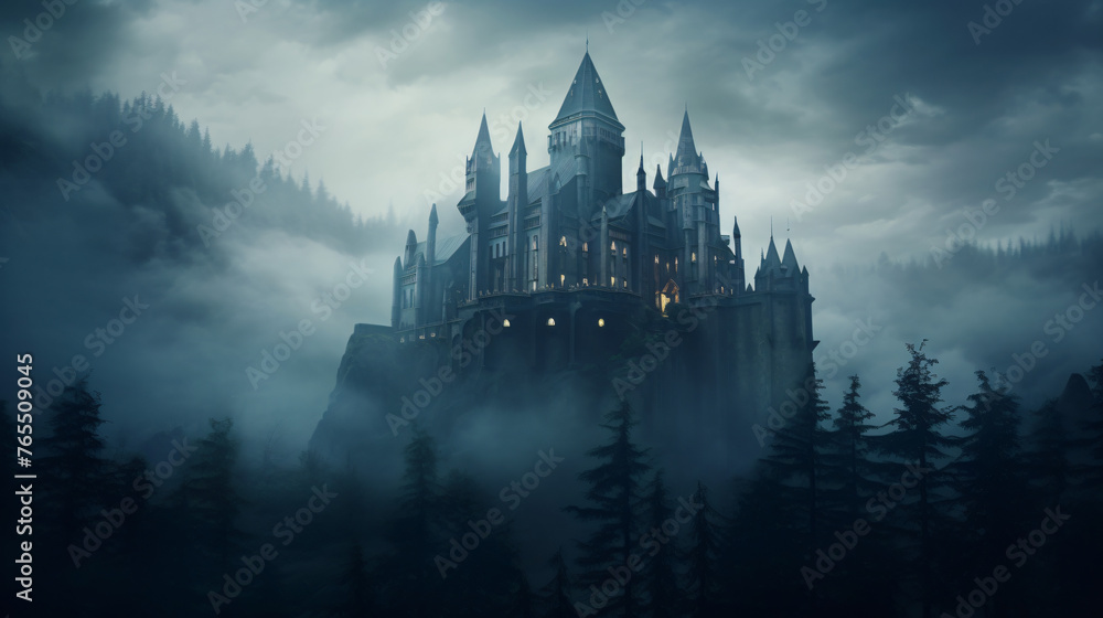 A haunted castle shrouded in mist and surrounded by ee