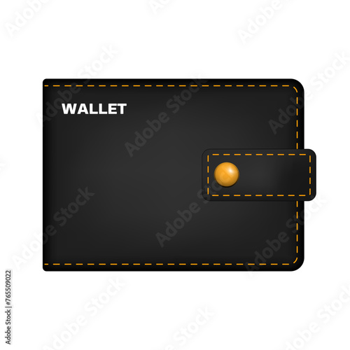 Black leather wallet with gold button and yellow stitch.