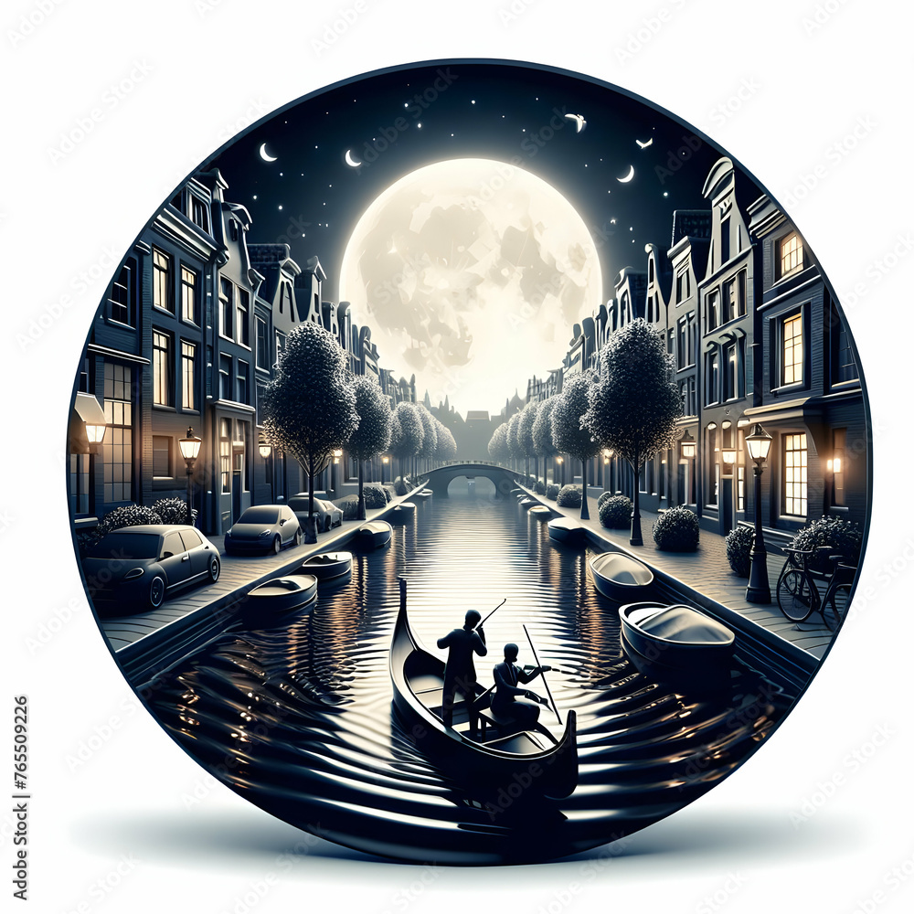 Moonlight Sonata over the canals of Amsterdam Photo real for Legal reviewing theme ,Full depth of field, clean bright tone, high quality ,include copy space, No noise, creative idea - obrazy, fototapety, plakaty 