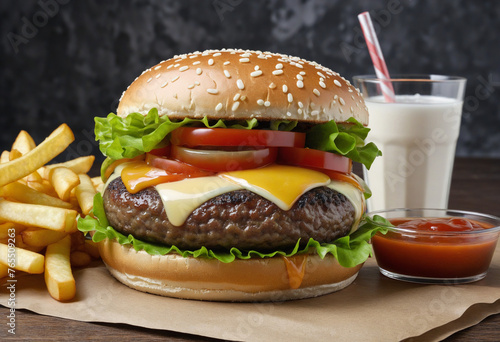 fresh hamburger with fries and soda colourful background