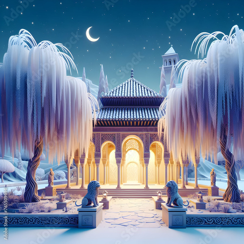 Whispering willows at the Alhambra’s Court of Lions for 3D flat cute chibi icon with isolated white background in Legal review theme ,Full depth of field, high quality ,include copy space, No noise, c photo