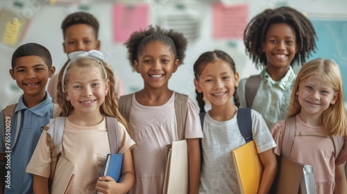 Portrait of cheerful smiling diverse school children standing posing in classroom holding notebooks and backpacks looking at camera