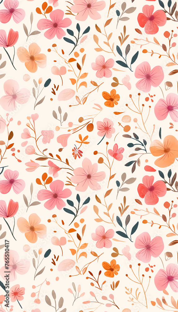 A whimsical floral pattern with pink and orange blooms and delicate foliage on a cream background. A whimsical floral pattern with pink and orange blooms and delicate foliage on a cream background.
