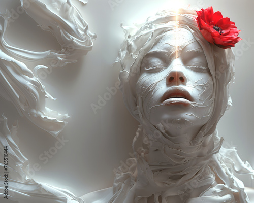 Fashion surreal Concept. Closeup portrait of wax plaster figure statue sculpture with red flower growing from her head and beam light shining. dynamic composition dramatic lighting. copy text space photo
