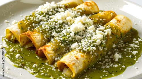 Enchiladas suizas lay in a creamy, green sauce, topped with a generous portion of melted cheese and fresh cream, creating a delightful fusion of flavors and textures.