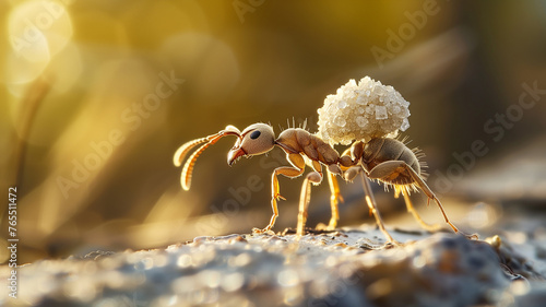 An ant carrying a sugra grain- macro shot photo