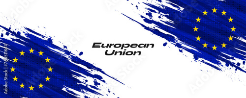 European Union Flag in Brush Paint Style with Halftone Effect. Flag of Europe with Grunge Concept