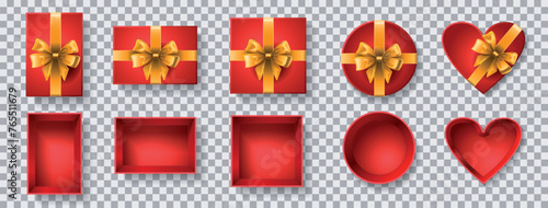 A set of vector illustrations, top view of red gift boxes and lids with a golden bow, square, rectangular, round, in the shape of a heart. View from above. Festive gift wrapping. Isolated. 