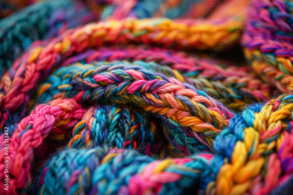 Background close-up textile photograph of colorful knitted wool texture