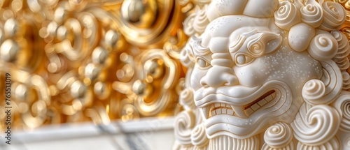  A close-up photo of a gold and white marble statue of a man in front of a wall adorned with intricate gold and white swirling patterns