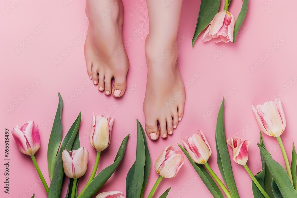 Serenity at a Spa Day: Female hands and feet with manicured nails beside white tulips and candles on pink background, depicting beauty and self-care rituals - AI generated
