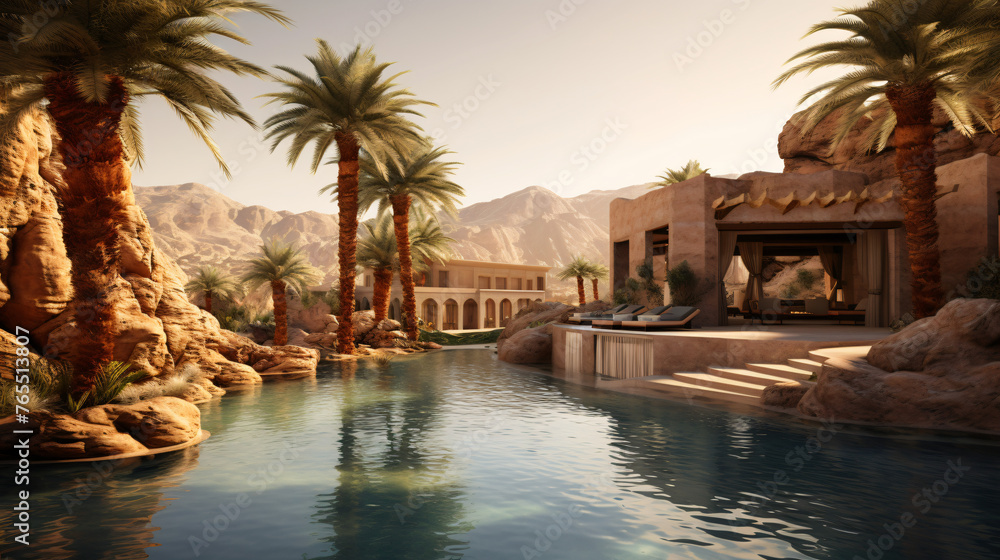 A magical oasis in the desert with palm trees 