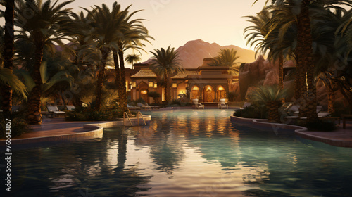 A magical oasis in the desert with palm trees 