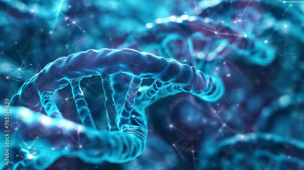 Fototapeta premium Glowing DNA helix in blue tones.