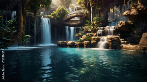 A magical waterfall cascading into a pool below. © Little