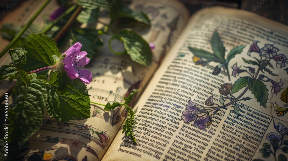 A close-up of an ancient botanical book's pages, illuminated by sunlight, with blooming flowers suggesting a connection between past knowledge and present natural beauty. A close-up of an ancient botanical book's pages, illuminated by sunlight, with blooming flowers suggesting a connection between past knowledge and present natural beauty.