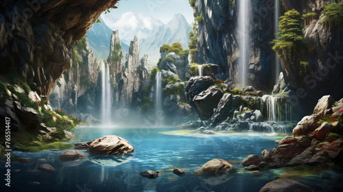 A majestic waterfall cascading down a rocky cliff into