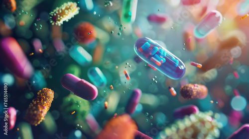 Digital artwork of assorted medication and bacteria, symbolizing pharmaceutical treatment.