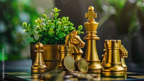 Strategic Financial Growth Concept with Chess Pieces and Increasing Coin Stacks with Fresh Green Leaves - AI generated