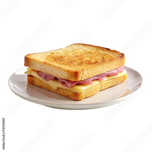 Sandwich croque monsieur on white plate. isolated on transparent background. photo