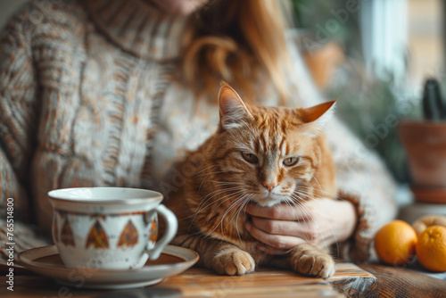 White Woman drinking tea and stroking cat on the kitchen. Cozy morning routine at home. Cute ginger cat with owner on the table. Vintage home, stylish old-fessioned house life. Pet friend