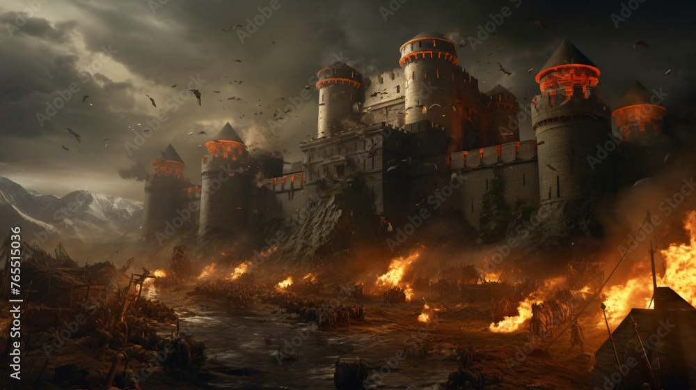A medieval castle under siege by an army of knights.