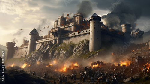 A medieval castle under siege by an army of knights.