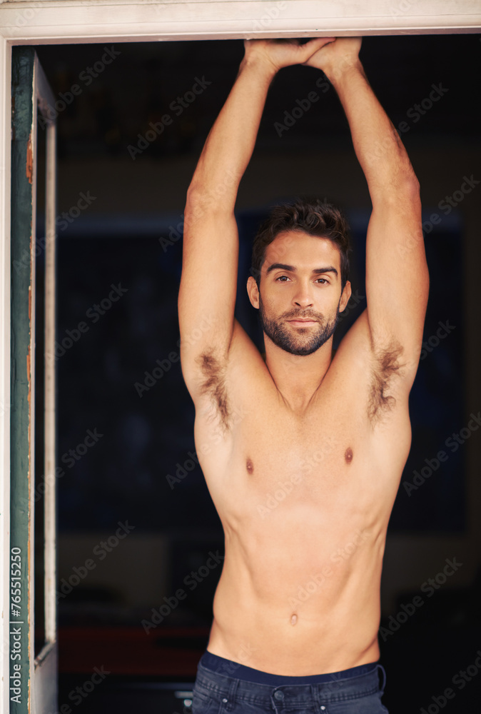Portrait, man or shirtless in body, muscle or skin as wellness, relax or health on vacation. Healthy, strong or male person in calm, clean or chill at weekend of wellbeing, proud or satisfaction Portrait, man or shirtless in body, muscle or skin as wellness, relax or health on vacation. Healthy, strong or male person in calm, clean or chill at weekend of wellbeing, proud or satisfaction