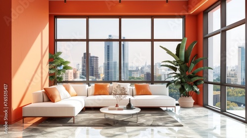 Modern living room interior with orange walls, tiled floor, panoramic window with city view and white sofa, Generative AI