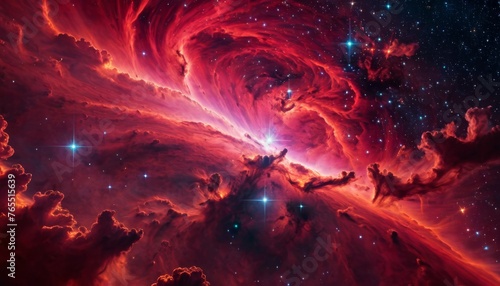 Majestic Cosmic Nebula with Vibrant Red Hues and Starry Backdrop