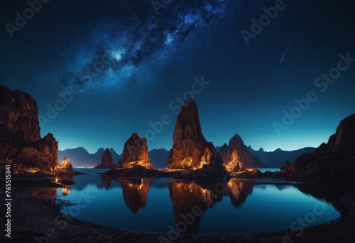 Modern Futuristic Fantasy Night Landscape With Abstract Islands And Night Sky