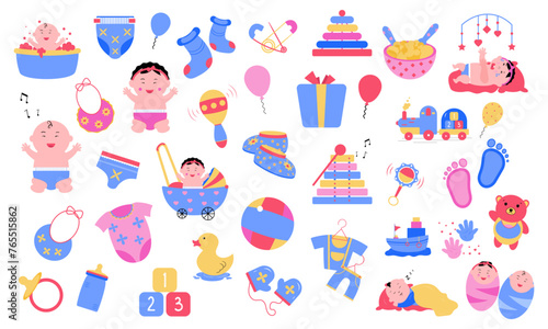 Baby shower flat minimalistic cute colorful set of icons and symbol. Vector illustration.
