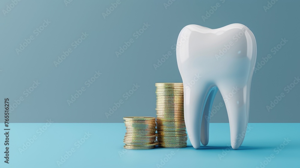 The Cost of Dental Health: Giant Molar Tooth Model on Stacks of Coins against Blue Background - AI generated - obrazy, fototapety, plakaty 