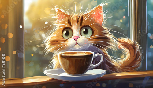 Cartoon cat waking up with messed up morning hair and coffee photo