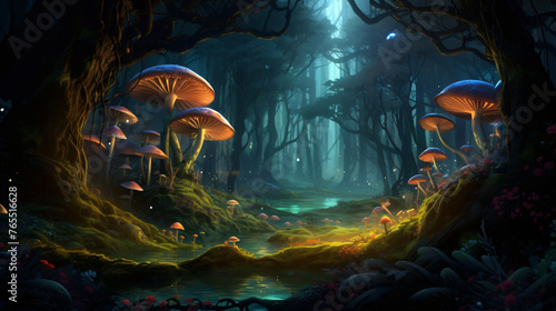 A mystical forest with ancient trees and glowing mushr