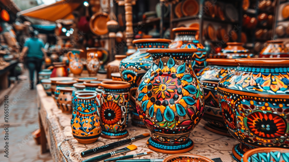 Colorful handcrafted (handmade) items with traditional designs for sale at local market. Bright colorful souvenirs