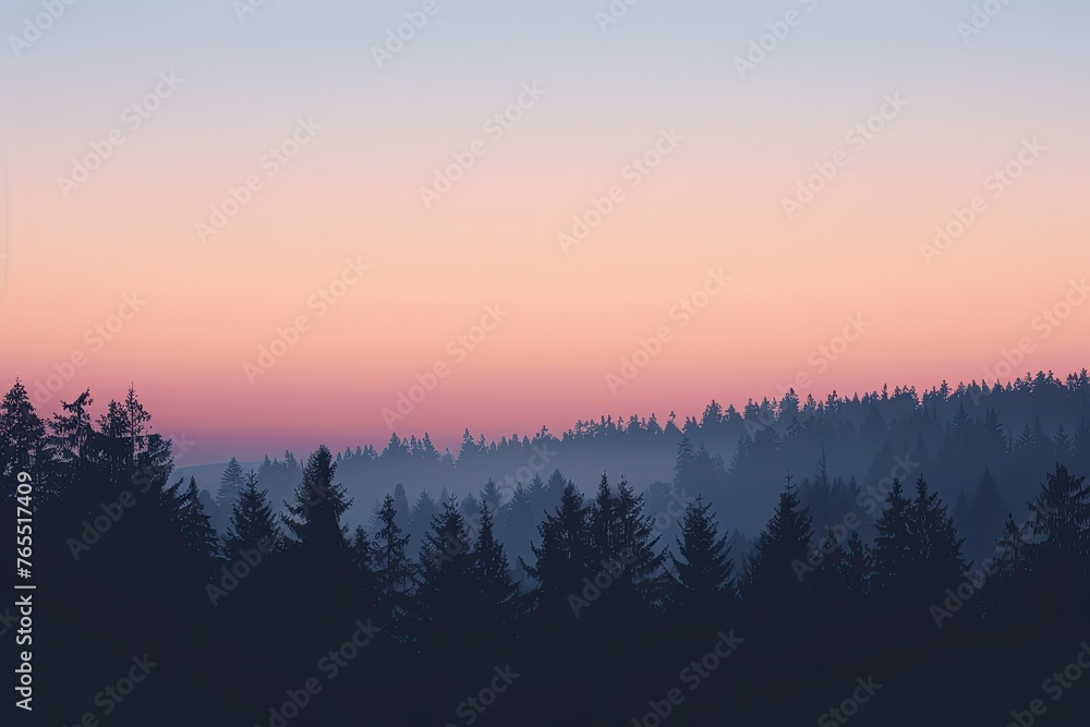 A serene nature-inspired backdrop with a silhouette of a forest at dawn