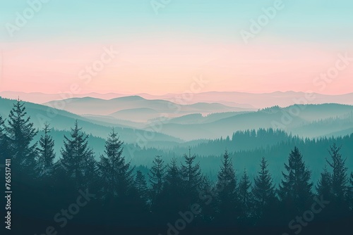 A serene nature-inspired backdrop with a silhouette of a forest at dawn
