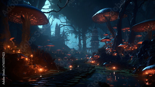 A mystical forest with glowing mushrooms and ancient © Little