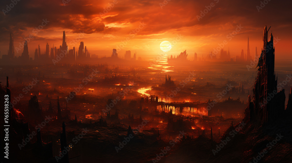 A panoramic view of a city skyline at sunset with skys