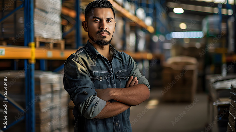 Obraz premium A man standing confidently with his arms crossed in a warehouse.