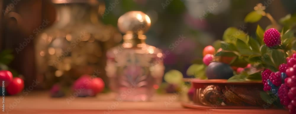 Decorative ornate antique perfume bottle with fruit and flower background. Cologne bottle product photography 4K Video Decorative ornate antique perfume bottle with fruit and flower background. Cologne bottle product photography 4K Video