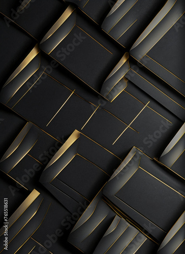 Abstract geometric shapes in bright dark colors, 3D effects, gold, brass, dynamic trendy modern design as background, texture materials for technical packaging design, conceptual wall design, 