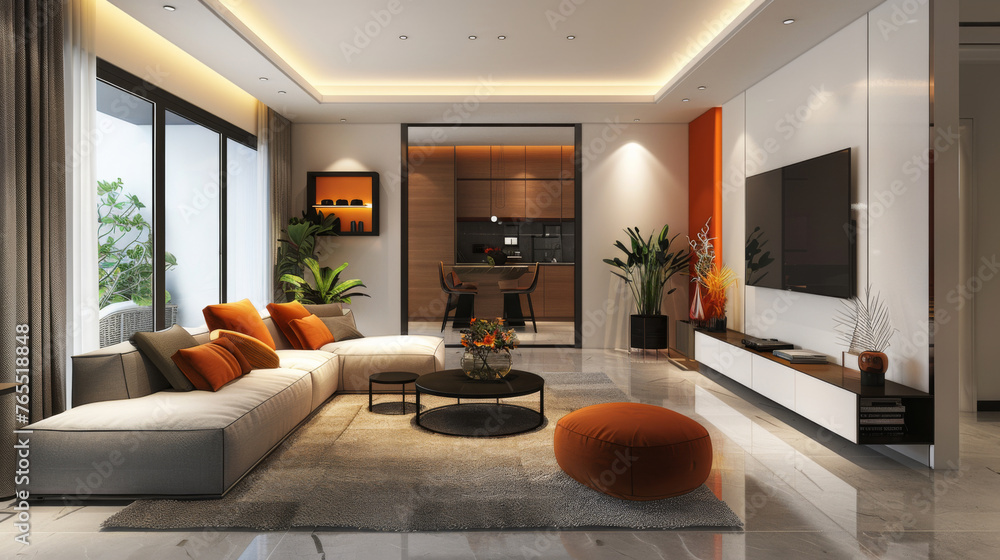 Fototapeta premium A spacious modern living room featuring a sectional sofa, sleek entertainment unit, and warm ambient lighting.
