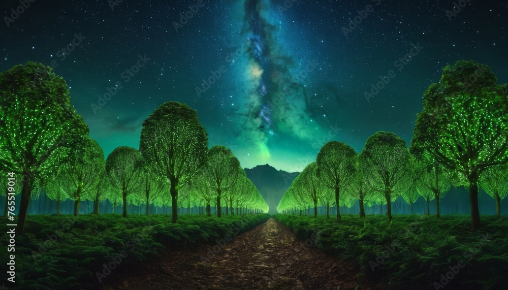 A magical pathway lined by radiant, glowing trees leads towards a mountain under a spectacular star-filled night sky.