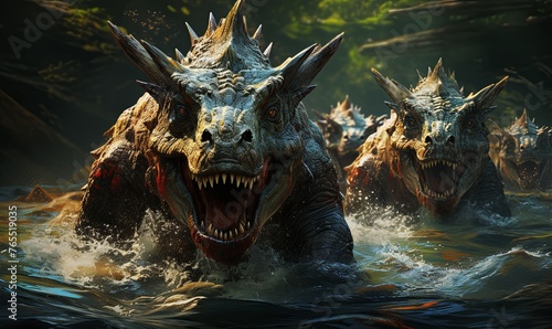 Group of Dinosaurs Roaring in Water